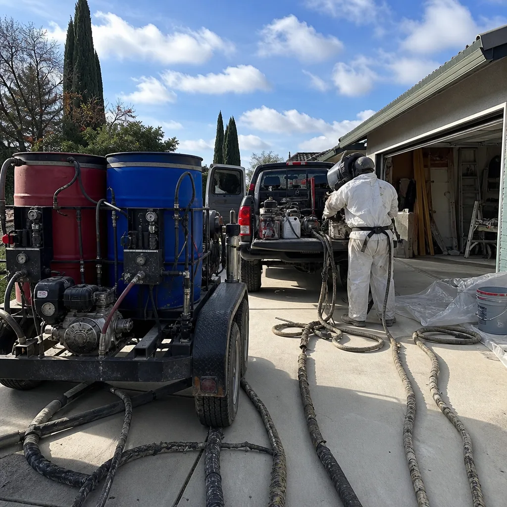 Contractor using professional spray foam insulation equipment on a residential project