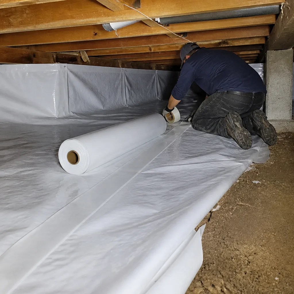 Professional installing white crawl space vapor barrier for moisture and insulation protection in Newark, CA