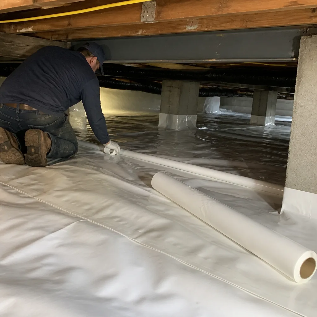 Technician installing professional vapor barrier in residential crawl space encapsulation in Newark, CA